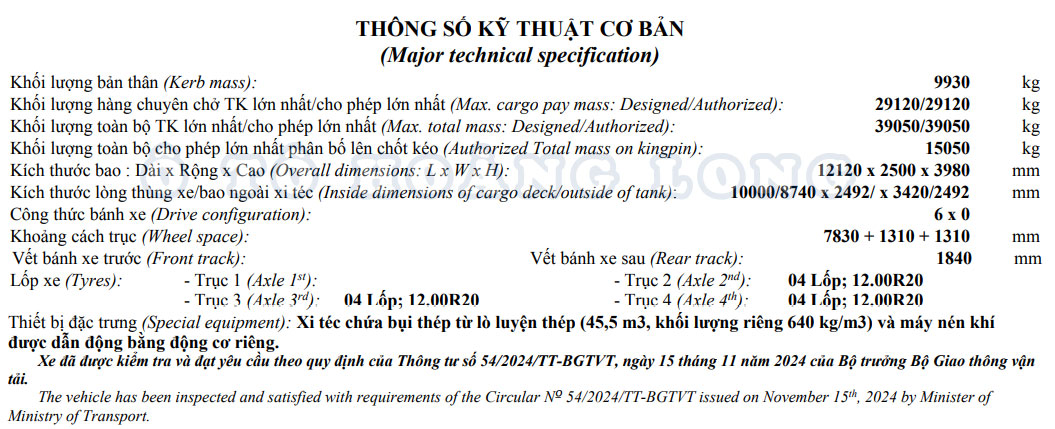 Thông số kỹ thuật mooc bồn 3 rốn vú chở bụi thép và xi măng đã được cơ quan chức năng chứng nhận