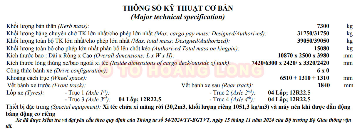 Thông số kỹ thuật Mooc Bồn Chở Xi Măng Rời HUAYUDA 30 Khối 3 Rốn Xả Thông số kỹ thuật Mooc Bồn Chở Xi Măng Rời HUAYUDA 30 Khối 3 Rốn Xả