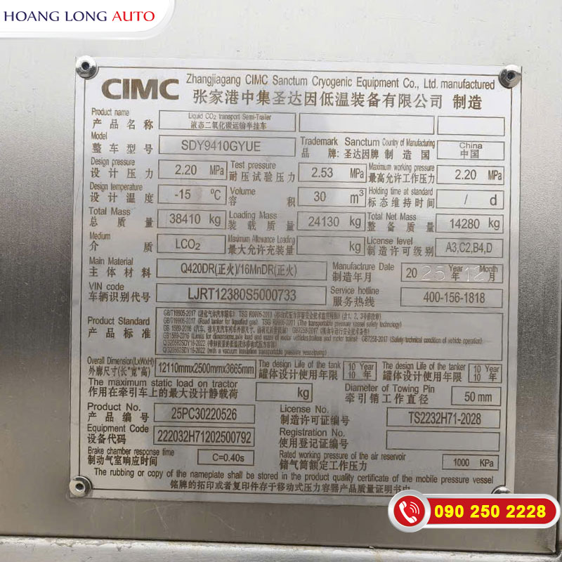 Sơ Mi Rơ Mooc Xi Téc Chở CO2 Lỏng SANCTUM SDY9410GYUE 2