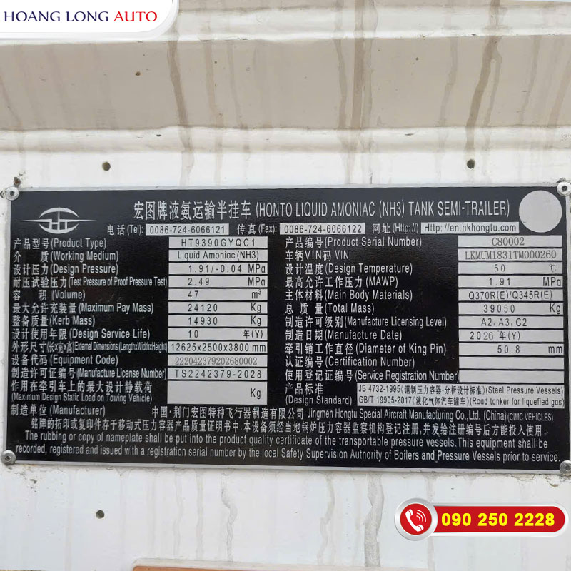 Thông số Sơ Mi Rơ Mooc Xi Téc Chở NH3 Lỏng HONTO HTP390GYQC1